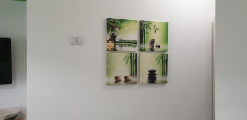 a shelf with pots and plants on a wall at ele&gio accomodation in Tropea