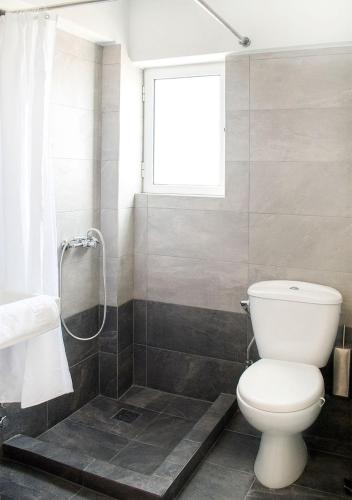 a bathroom with a toilet and a shower at Snooze H in Athens