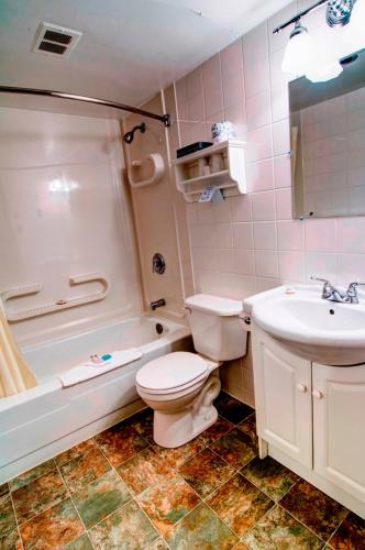 a bathroom with a toilet and a tub and a sink at Wescana Inn in The Pas