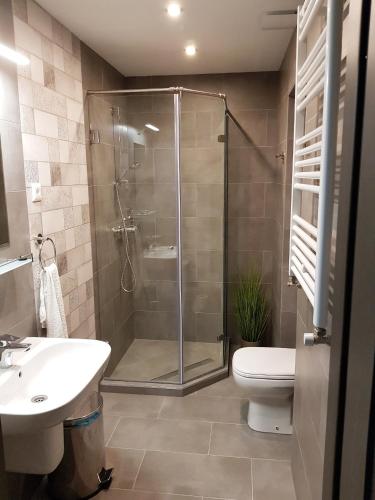 a bathroom with a shower and a toilet and a sink at Erdővarázs Panzió in Lillafüred