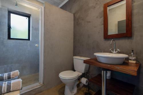 a bathroom with a toilet and a sink at Nature's Cottage in Kenton on Sea