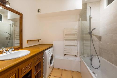 a bathroom with a sink and a washing machine at Duplex au Bord du Lac in Duingt