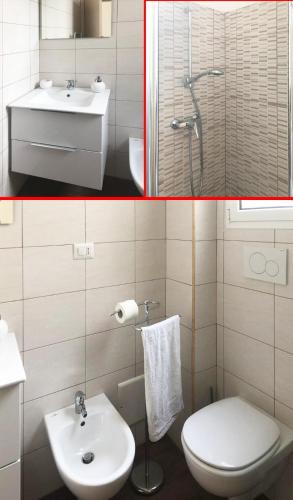 two pictures of a bathroom with a toilet and a sink at La casa di Mimì... calore e accoglienza! in Francavilla Fontana