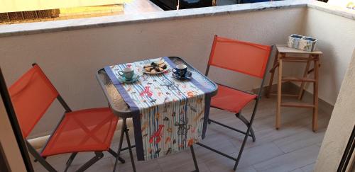 a table with two chairs and a table with a plate of food at ele&gio accomodation in Tropea