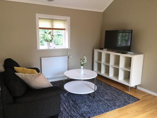 a living room with a couch and a tv and a table at Vadstena Vandrarhem-Hostel in Vadstena