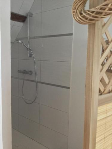 a shower with a shower head in a bathroom at Gite de sejour la grange de Théophile in Anzin-Saint-Aubin