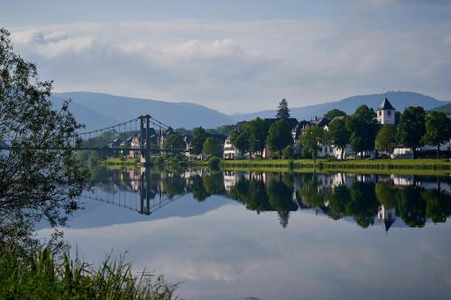 a view of a river with a bridge and houses at Sonnenuhr in Bernkastel-Kues