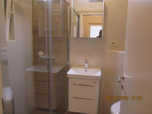 a bathroom with a shower and a sink at ROBI in Kraljevica