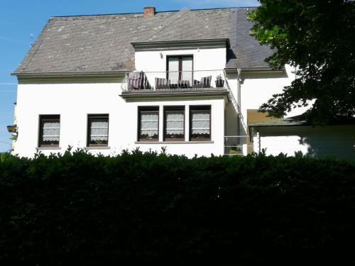 Apartment in Trittenheim with Terrace and Garden في تريتينييم: منزل أبيض مع شرفة على رأس تحوط