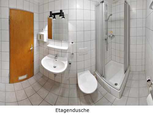 a bathroom with a sink and a toilet and a shower at Pension Keinath in Stuttgart