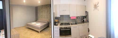 two pictures of a kitchen with a bed in a room at La casa nel verde in Castelmezzano