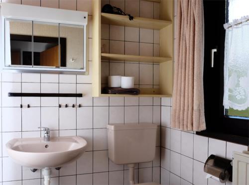biała łazienka z umywalką i toaletą w obiekcie Robinson Crusoe w mieście Waldbrunn