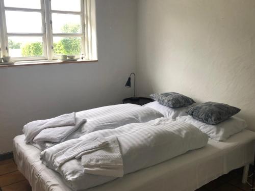 2 camas blancas en una habitación con ventana en Dancamps Trelde Naes, en Fredericia