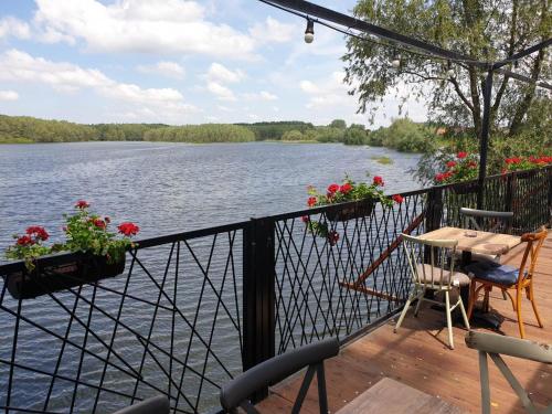 a balcony with a table and chairs next to the water at B&B Bela Vrba in Bačko Novo Selo