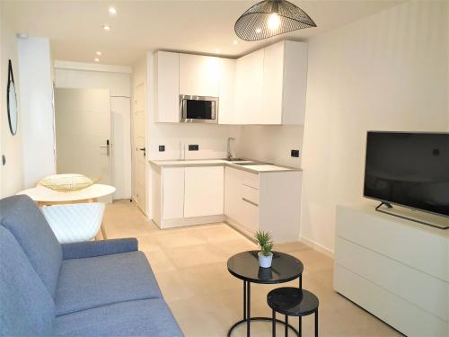 un salon avec un canapé bleu et une télévision dans l'établissement Le studio terrasse proche mer 104, à Nice