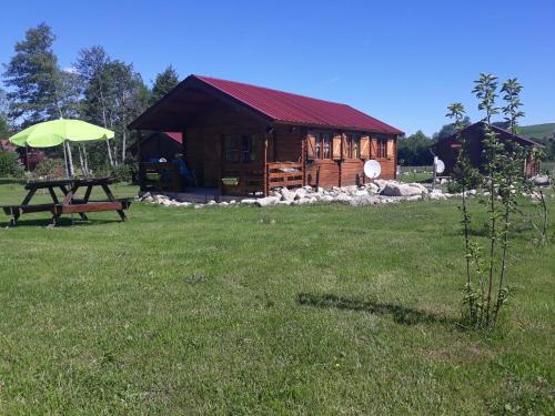 a log cabin with a picnic table and an umbrella at chalets les 5 loups in Gerbépal
