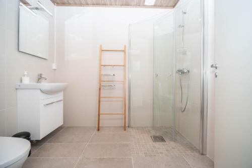 a bathroom with a shower and a toilet and a sink at Hemmingodden Lodge in Ballstad