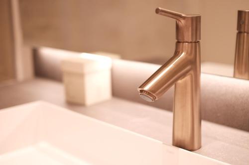 a bathroom sink with a brass faucet at Fritz Lauterbad in Freudenstadt