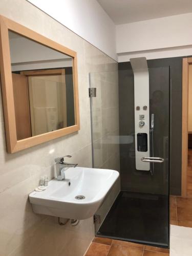 un bagno con lavandino e doccia con specchio di Berço Funchal a Funchal