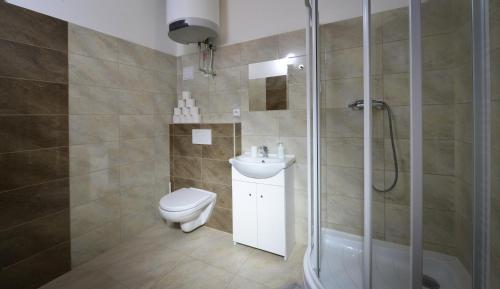 a bathroom with a toilet and a sink and a shower at Penzion Pivovar Podlesí in Příbram