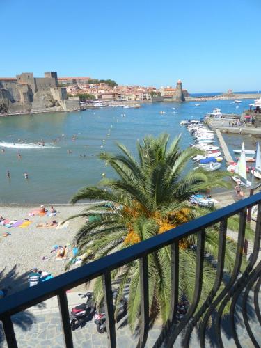 a view of the beach from a balcony at Hôtel Triton in Collioure