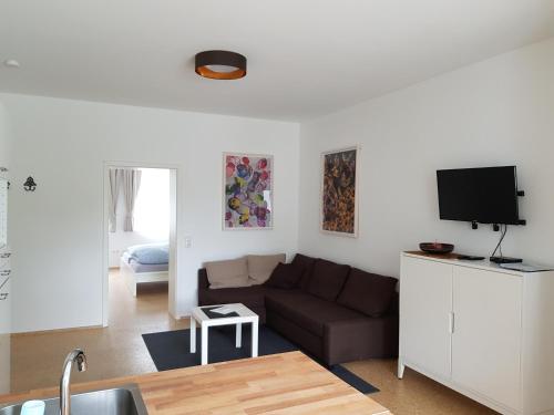 a living room with a couch and a flat screen tv at Haus Roy in Zülpich