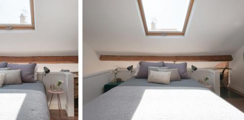 Duas fotografias de um quarto com uma cama e uma janela em Central Cannes Loft - 15 min Palais des Festivals em Cannes