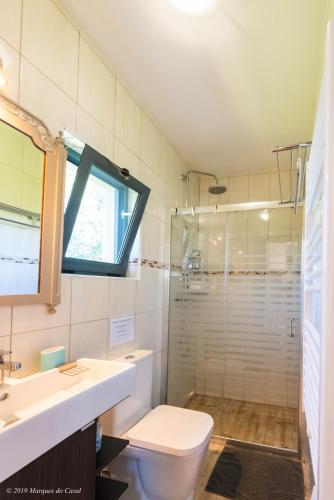 a bathroom with a toilet and a glass shower at Gîte CANTO AZUL in Casal da Carreira