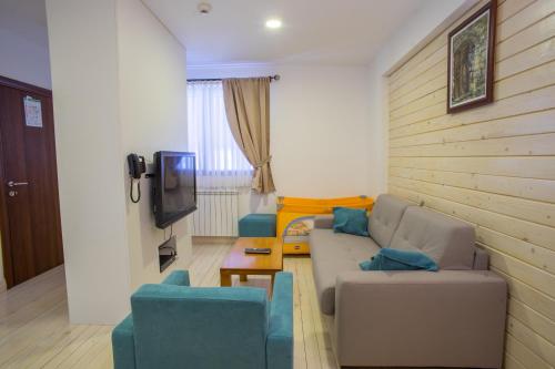 a living room with a couch and a tv at Hotel Polar Star in Žabljak