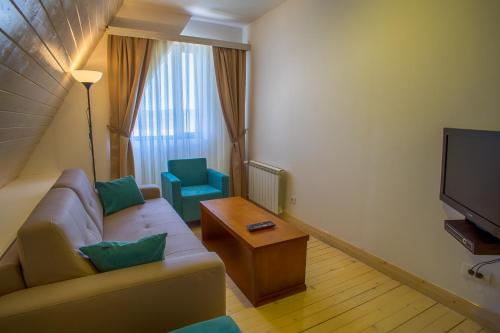 a living room with a couch and a television at Hotel Polar Star in Žabljak