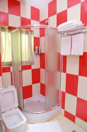 a bathroom with a shower and a toilet at Lebanon Hotel in Kigali