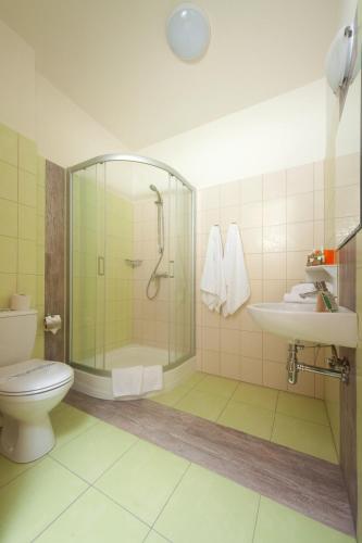 a bathroom with a shower and a toilet and a sink at Hotel Zielony in Poznań
