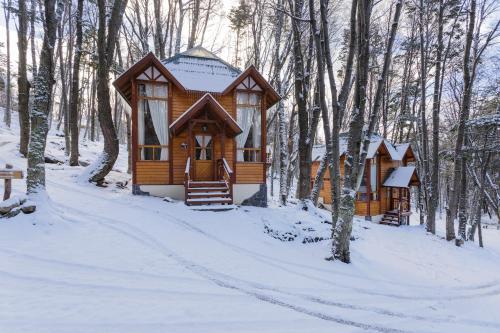 a wooden cabin in the woods in the snow at Aldea Nevada in Ushuaia