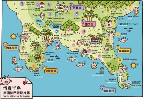 an illustrated map of south america with animals and attractions at Little Piggy B&B in Manzhou