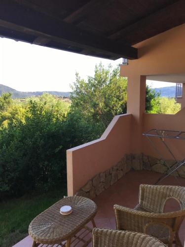 a patio with two chairs and a table with a view at Hotel Belvedere in Teulada