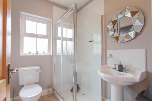 W łazience znajduje się prysznic, toaleta i umywalka. w obiekcie Glenside Lodge w mieście Ballymena