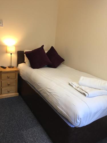 a bed in a room with a lamp on a night stand at The Station Hotel in Alness