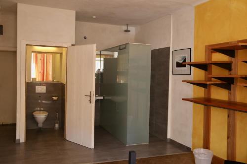 a bathroom with a toilet and a glass door at Hotel Schwarzer Adler Sillian in Sillian