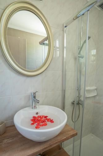 a bathroom with a sink and a mirror and a shower at ILIOS apartment in Nydri