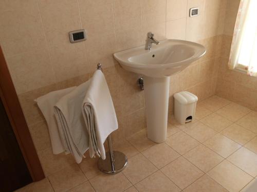 ein Badezimmer mit einem Waschbecken und einem weißen Waschbecken in der Unterkunft B&B Primula House in Carmignano di Brenta