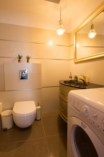 a bathroom with a toilet and a sink and a washing machine at Poseidon Luxury Apartment in Karpathos Town