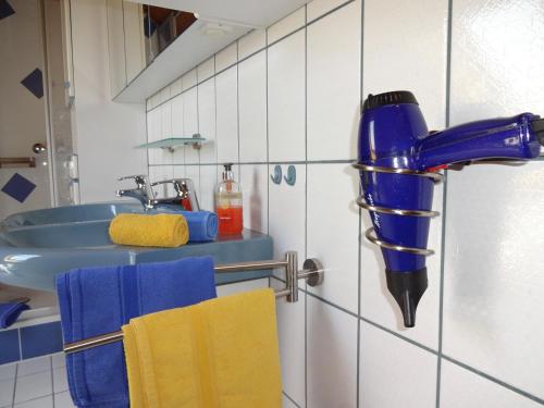 a bathroom with a blue faucet and a sink at Ferienwohnungen Schallerhof in Bischofsgrün