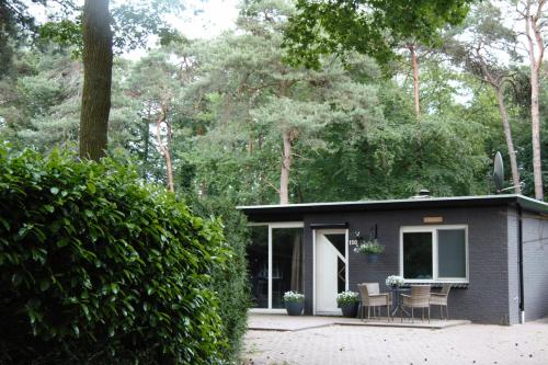 ein kleines Haus im Wald mit einer Terrasse in der Unterkunft bosbungalow Ruighenrode in Lochem