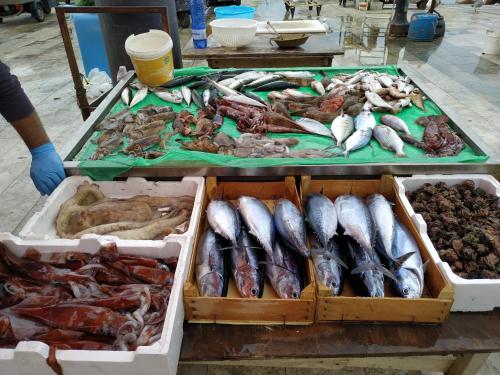 a display of different types of fish on a table at Aspra al delfino blu in Bagheria