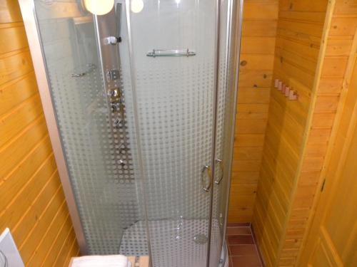 a shower with a glass door in a bathroom at Farmhouse Rosehip Flower Romania Brasov in Râşnov