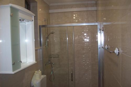 a bathroom with a shower with a glass door at Captain's villa in Molunat