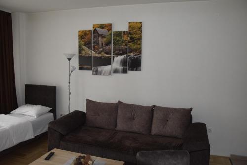 a living room with a couch and paintings on the wall at Apartmani Marić in Novi Pazar