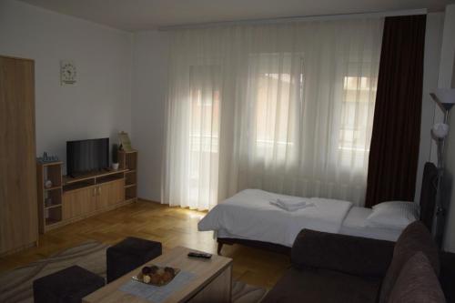 a living room with a bed and a tv at Apartmani Marić in Novi Pazar