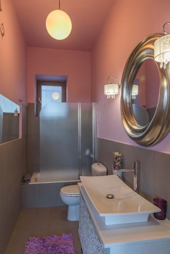 a bathroom with a sink and a toilet and a mirror at Eco Villa in Mákri