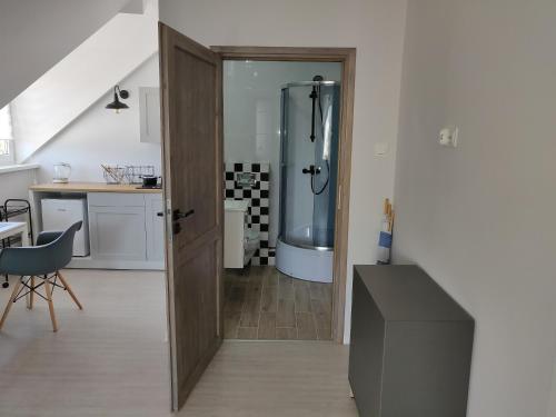 a bathroom with a shower and a sliding door at Ostrowianka in Ostrowo